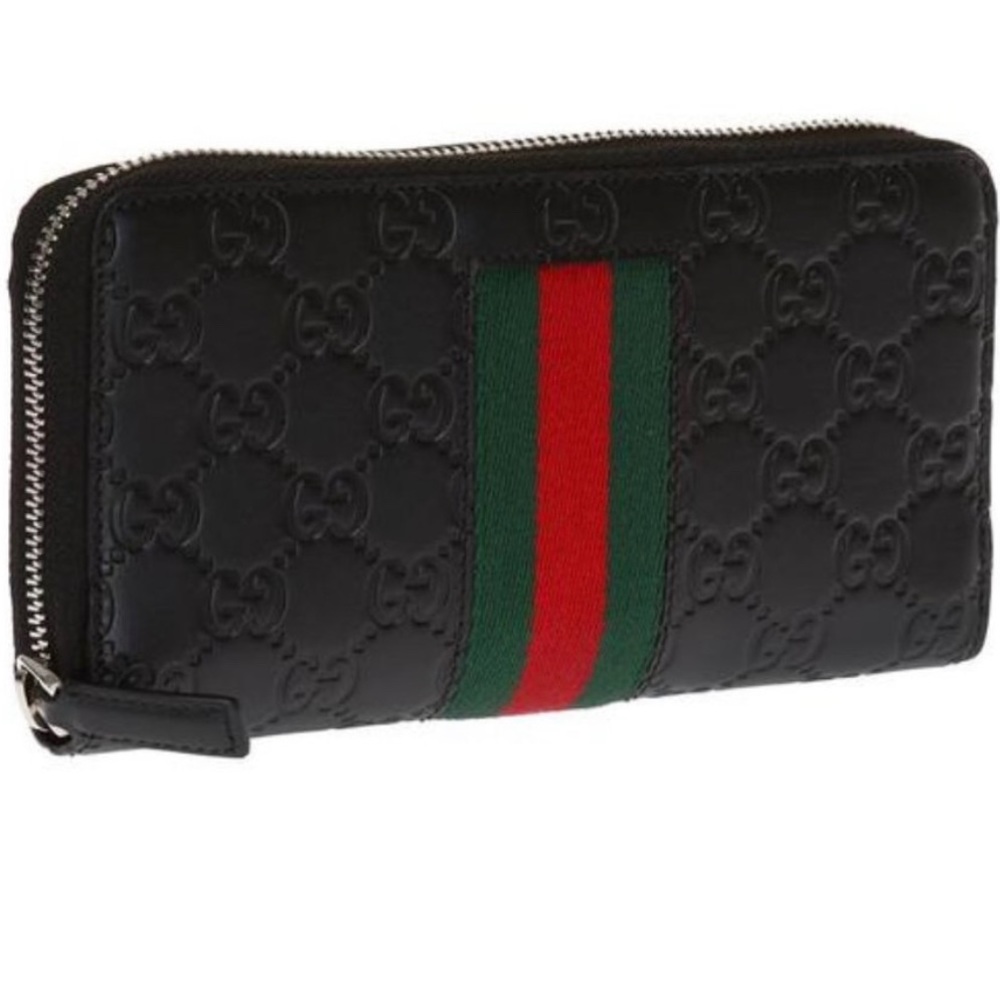 Gucci Guccissima With Web Zip Wallet In Dark Navy